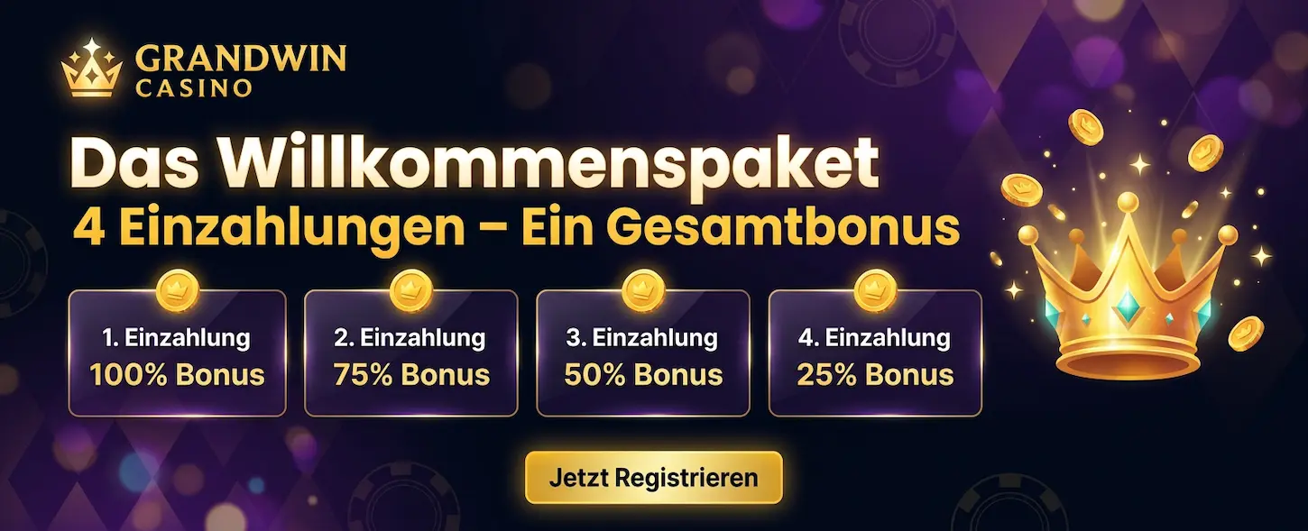 Grandwin Casino Willkommenspaket mit 4 Einzahlungen und einem Gesamtbonus für Spieler in Deutschland.